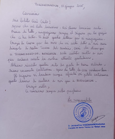 Lettera di ringraziamento per la moto che abbiamo acquistato per le suore