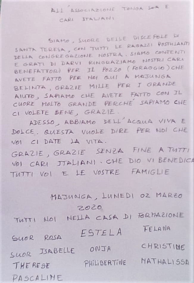 Progetto pozzo a Mahajanga - lettera di ringraziamento